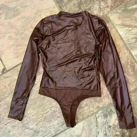NWT Faux Leather Mock Neck Bodysuit in Cocoa - Picture 1 of 3